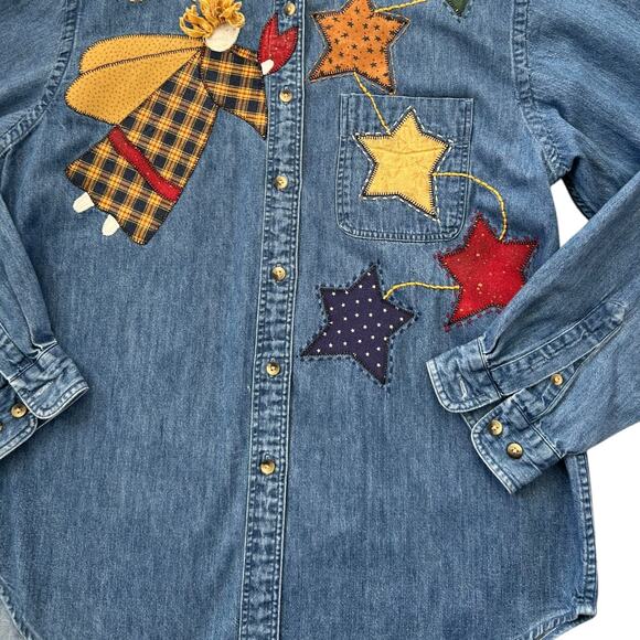 Vintage 90s Lands' End Christmas Americana Embroidered Patchwork Denim Shirt M - Picture 6 of 7